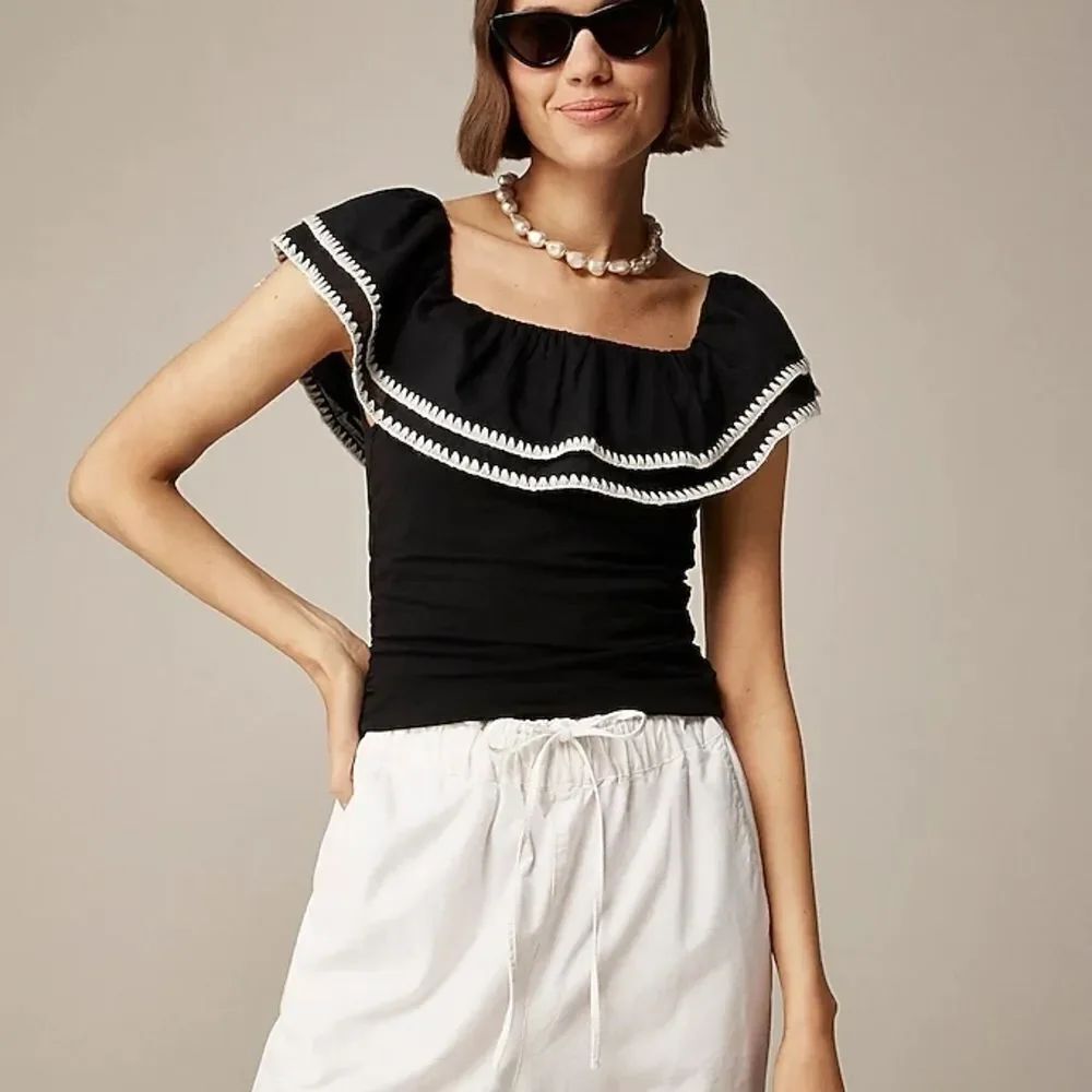 NWT J. Crew Black Off Shoulder Top with White Ruffle Trim